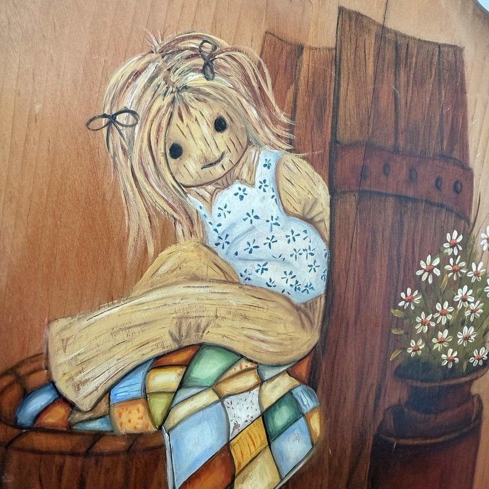 Hand-Painted Wood Large Cutting Board Folk Art Girl & Mouse Vintage 1971 - Picture 3 of 8